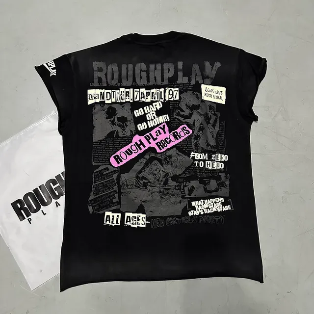 ROUGH Tour of the World Distressed Black Rhinestone Graphic T-Shirt 6