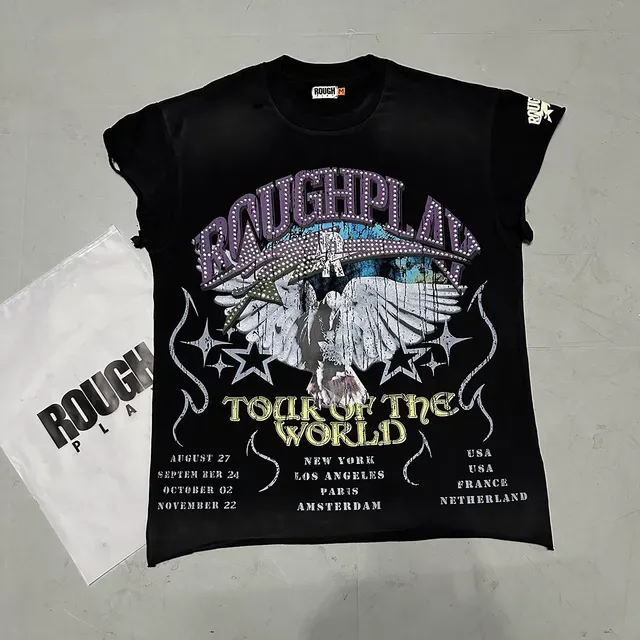 ROUGH Tour of the World Distressed Black Rhinestone Graphic T-Shirt 7