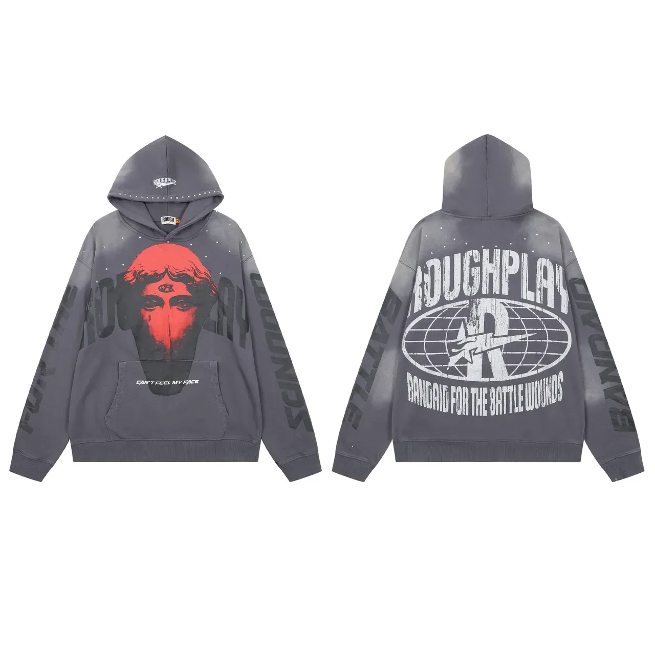 Roughplay Distressed Acid-Wash Studded Graphic Hoodie 2