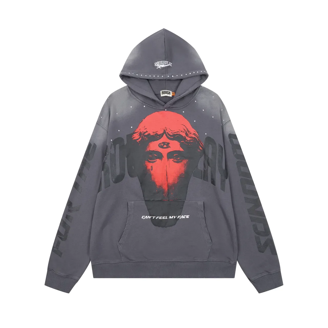 Roughplay Distressed Acid-Wash Studded Graphic Hoodie 3