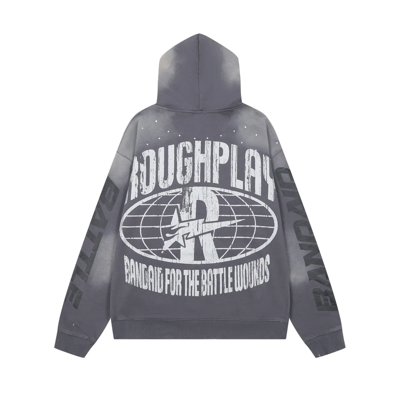 Roughplay Distressed Acid-Wash Studded Graphic Hoodie 4