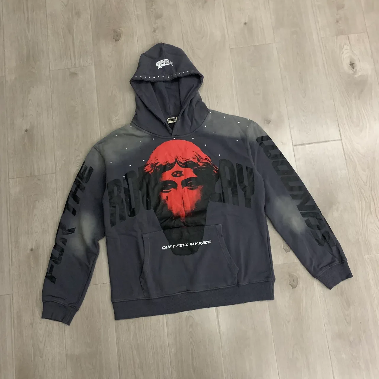 Roughplay Distressed Acid-Wash Studded Graphic Hoodie 5