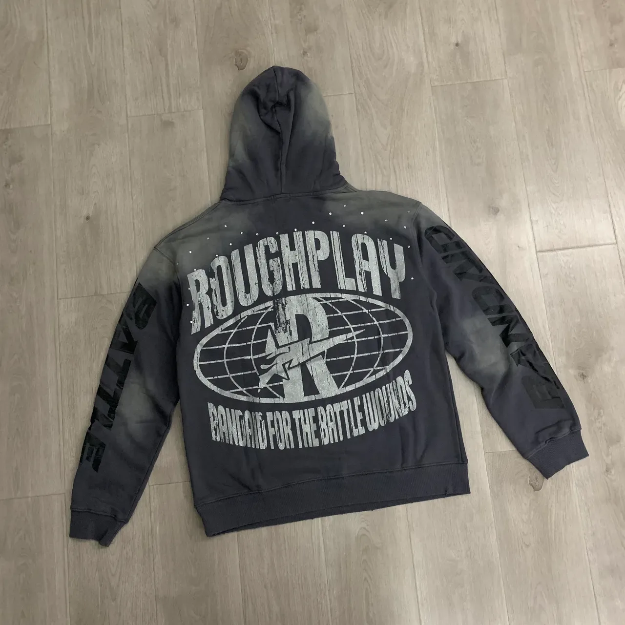 Roughplay Distressed Acid-Wash Studded Graphic Hoodie 6