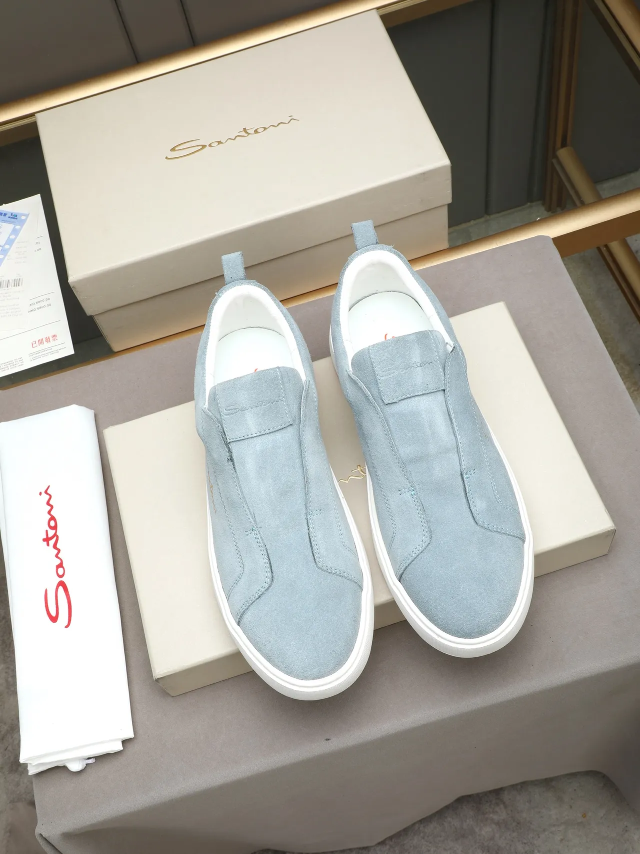 Santoni Blue White Slip-On Suede Upper Sneakers 2