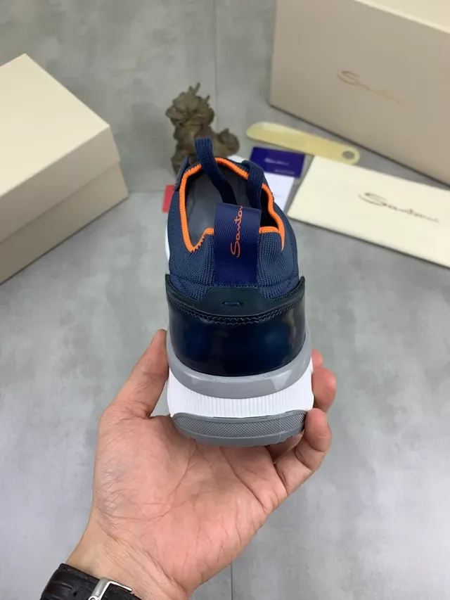 Santoni Navy Orange Knit Upper Molded Glossy Heel Counter Lifestyle Sneakers 3