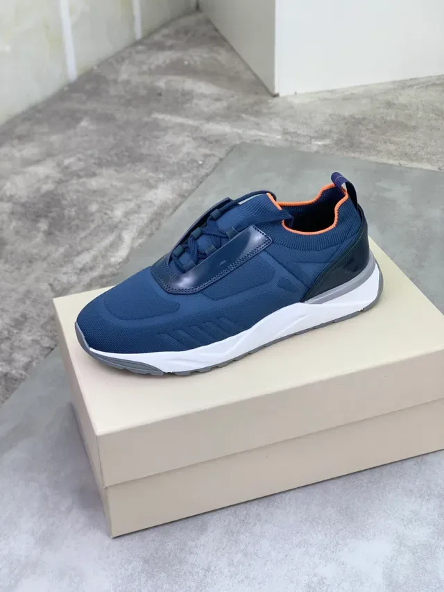 Santoni Navy Orange Knit Upper Molded Glossy Heel Counter Lifestyle Sneakers 4