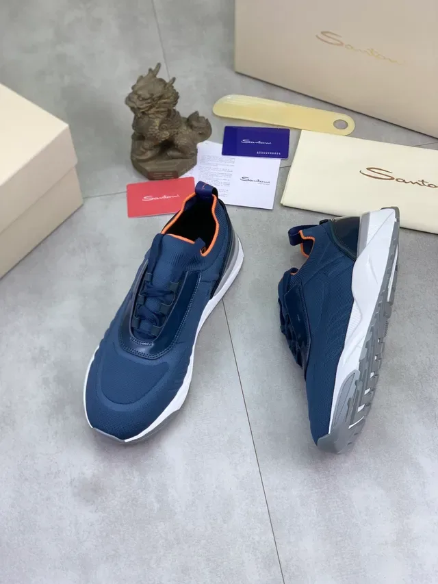 Santoni Navy Orange Knit Upper Molded Glossy Heel Counter Lifestyle Sneakers 5