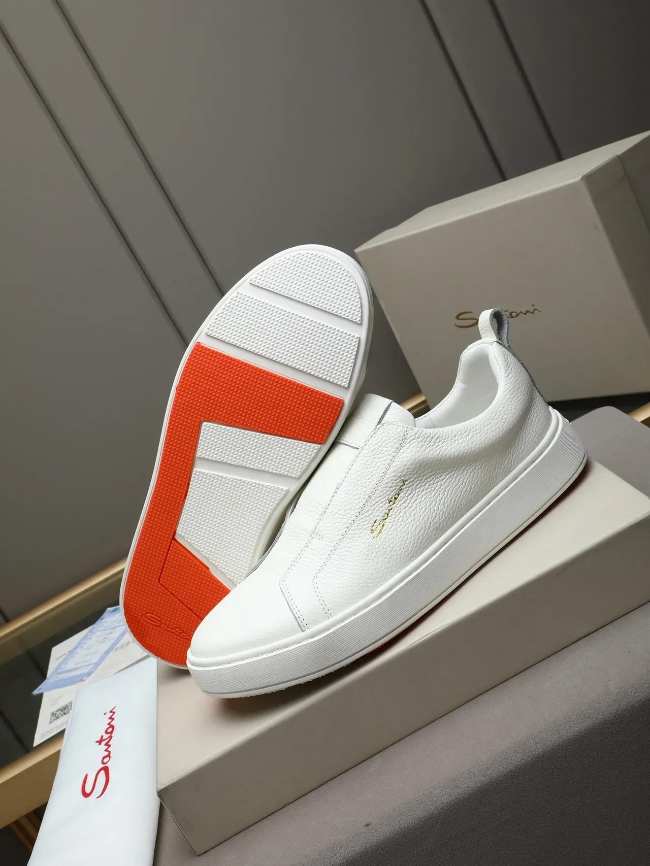 Santoni Slip-On Pebbled Leather White Lifestyle Sneaker 2