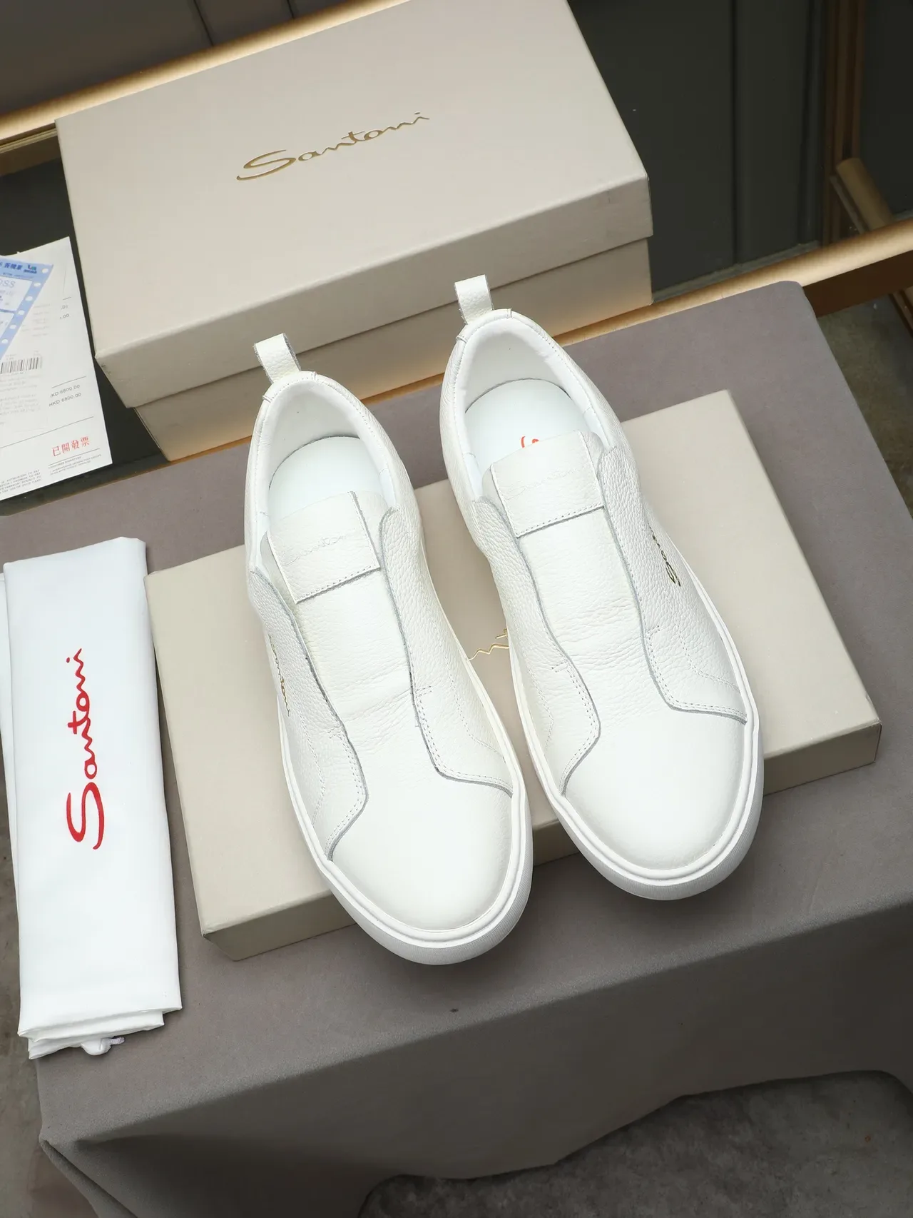 Santoni Slip-On Pebbled Leather White Lifestyle Sneaker 3