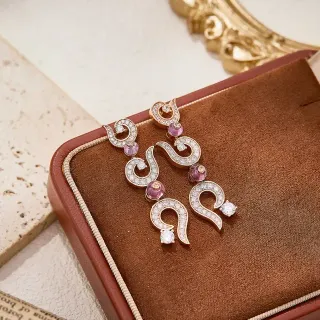 Scroll Motif Pavé Diamond and Pink Gemstone Drop Earrings
