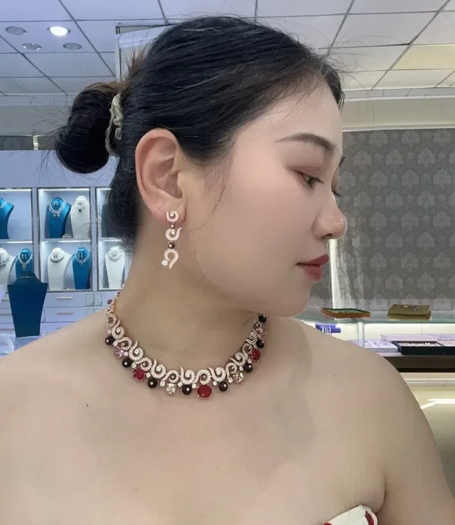 Scroll Motif Pavé Diamond and Pink Gemstone Drop Earrings 2