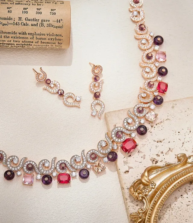 Scroll Motif Pavé Diamond and Pink Gemstone Drop Earrings 3