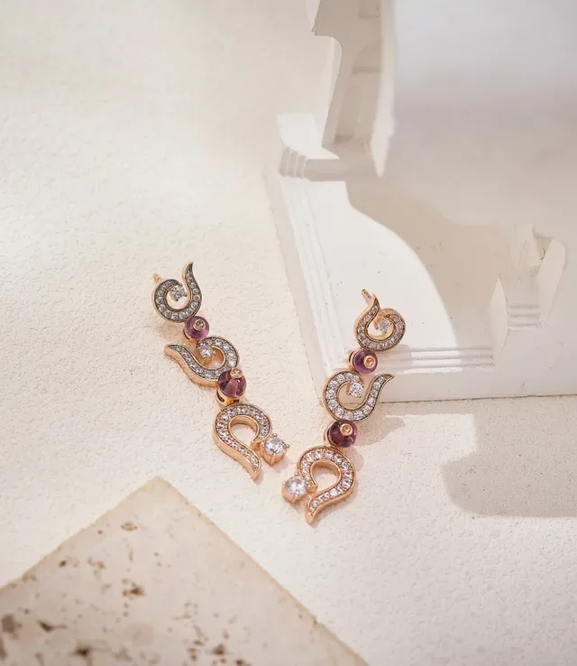 Scroll Motif Pavé Diamond and Pink Gemstone Drop Earrings 4