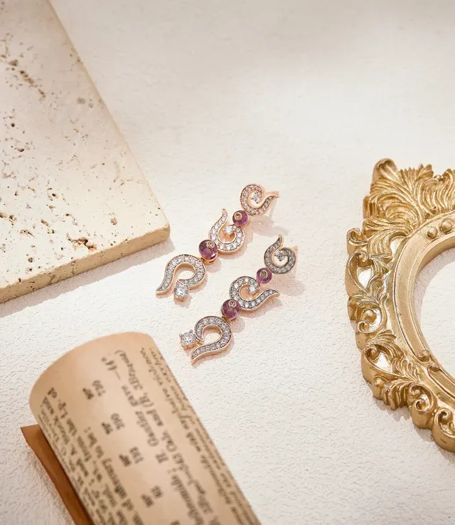Scroll Motif Pavé Diamond and Pink Gemstone Drop Earrings 5