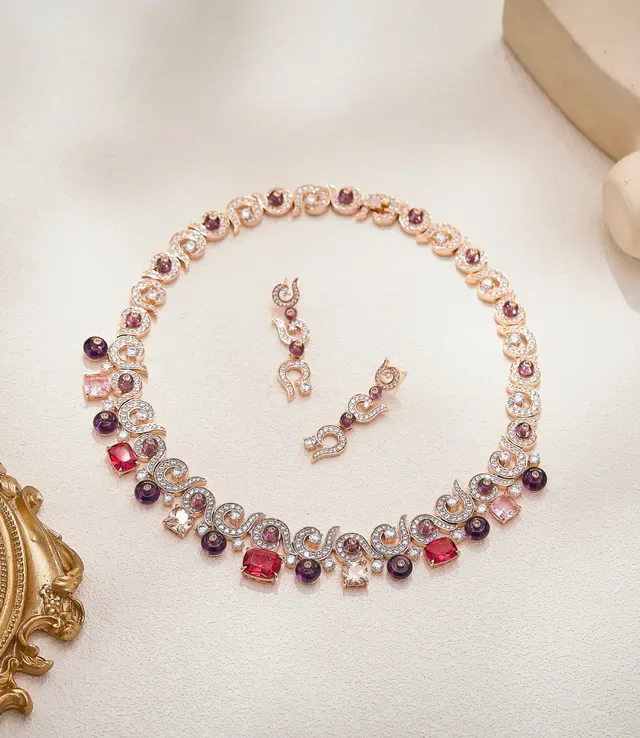 Scroll Motif Pavé Diamond and Pink Gemstone Drop Earrings 6