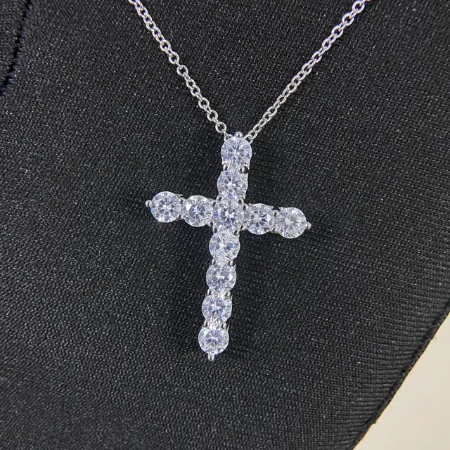 Silver Black Cross-Shaped Pendant Pave-Set Round Stones Necklace 5