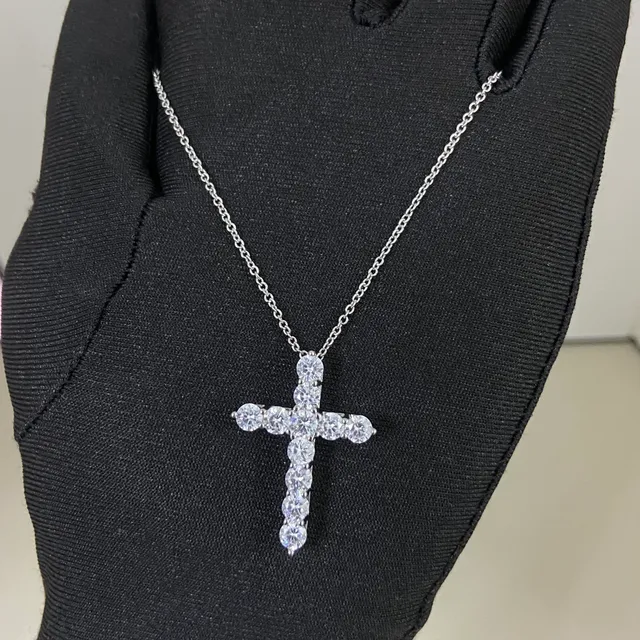 Silver Black Cross-Shaped Pendant Pave-Set Round Stones Necklace 4