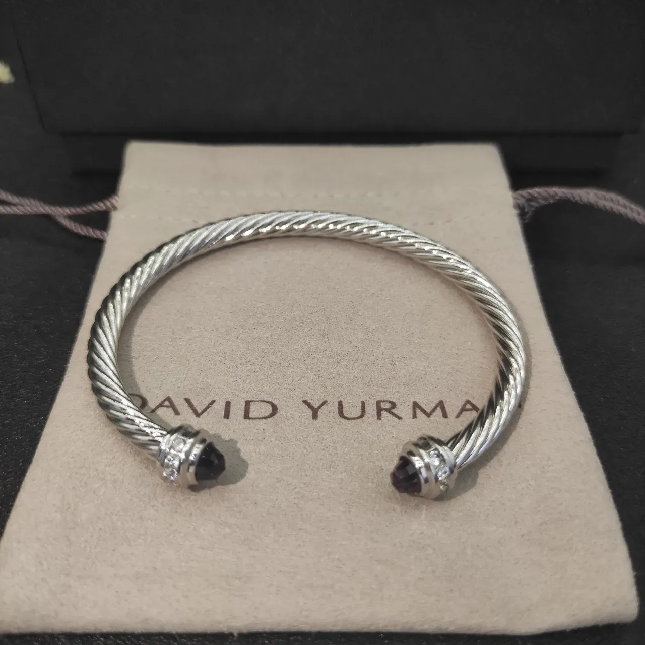 Silver Black Twisted Cable Faceted Stone Terminals Bracelet 5