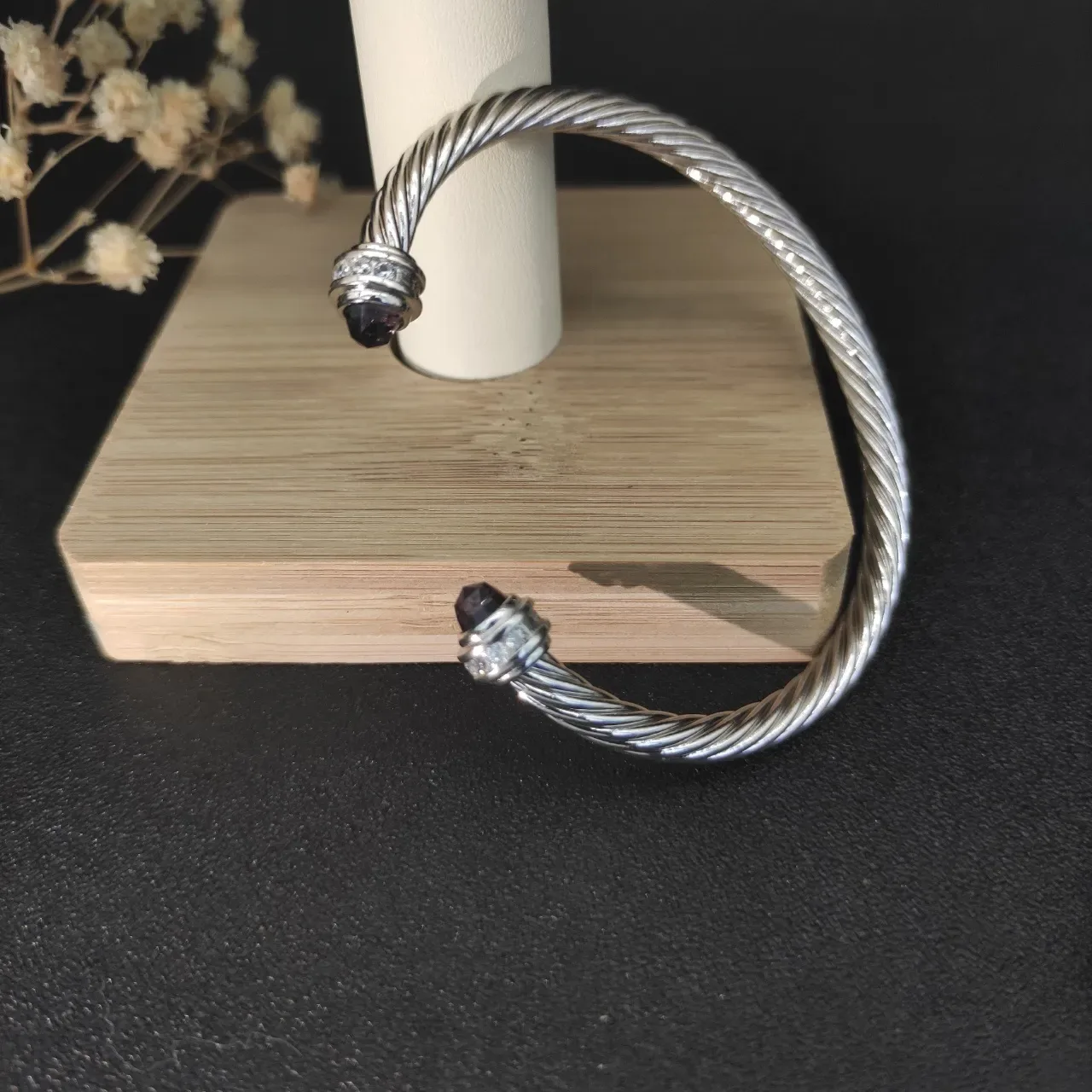 Silver Black Twisted Cable Faceted Stone Terminals Bracelet 7