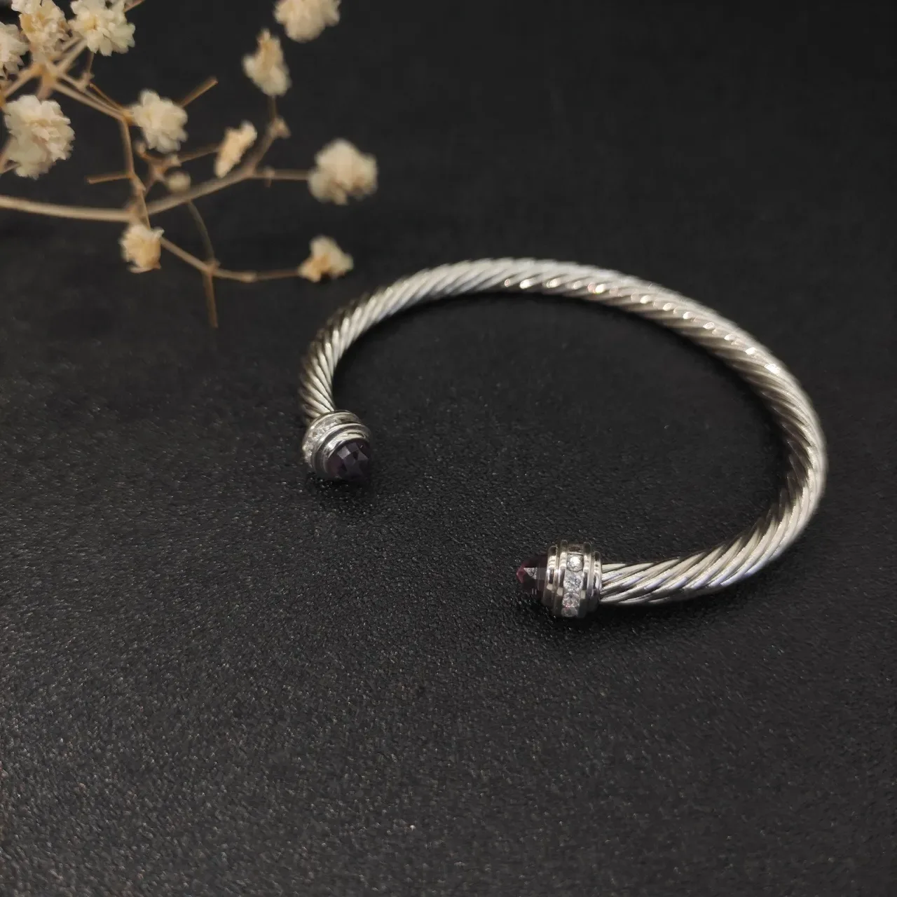 Silver Black Twisted Cable Faceted Stone Terminals Bracelet 9