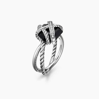 Silver Black Twisted Rope Band Faceted Gemstone Ring
