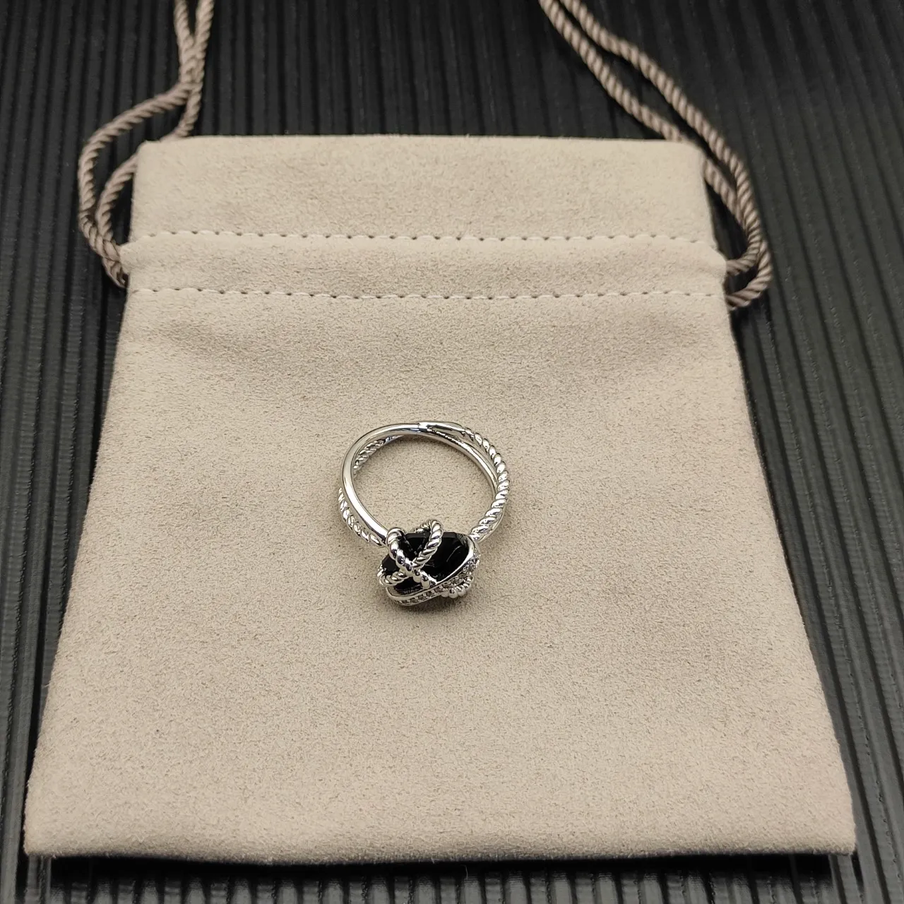 Silver Black Twisted Rope Band Faceted Gemstone Ring 9