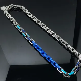 Silver Blue Chunky Link Chain Pavé-Set Stones Necklace