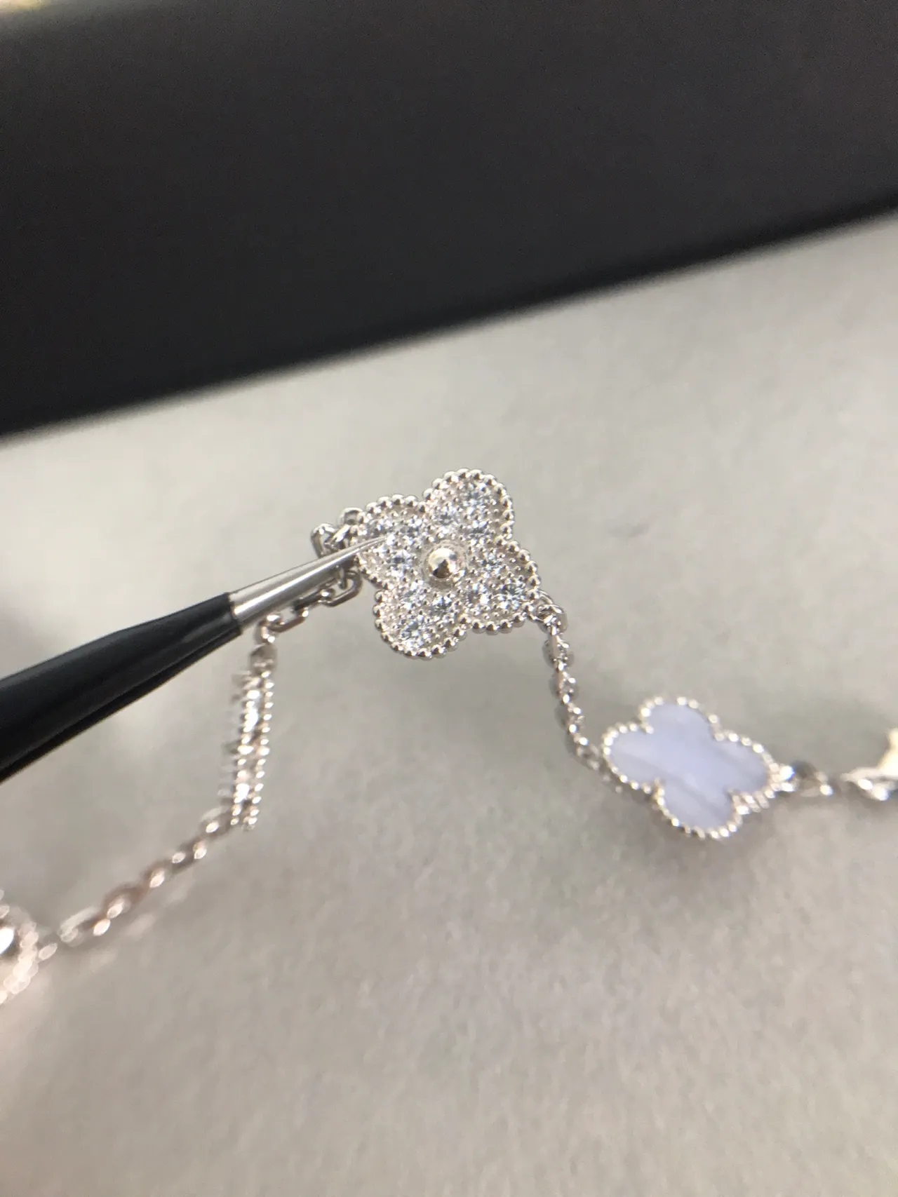 Silver Blue Five Clover-Shaped Motifs Alternating Pavé And Agate Inlay Bracelet 5