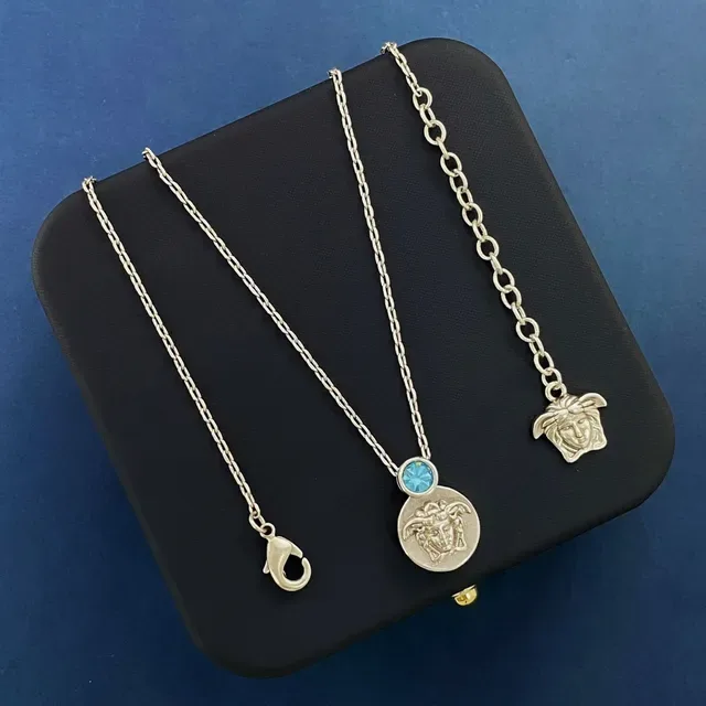 Silver Blue Metal Medusa Head Motif Necklace 5