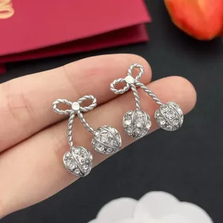 Silver Bow-Topped Twisted-Stem Crystal Cherry Dangling Stud Earrings