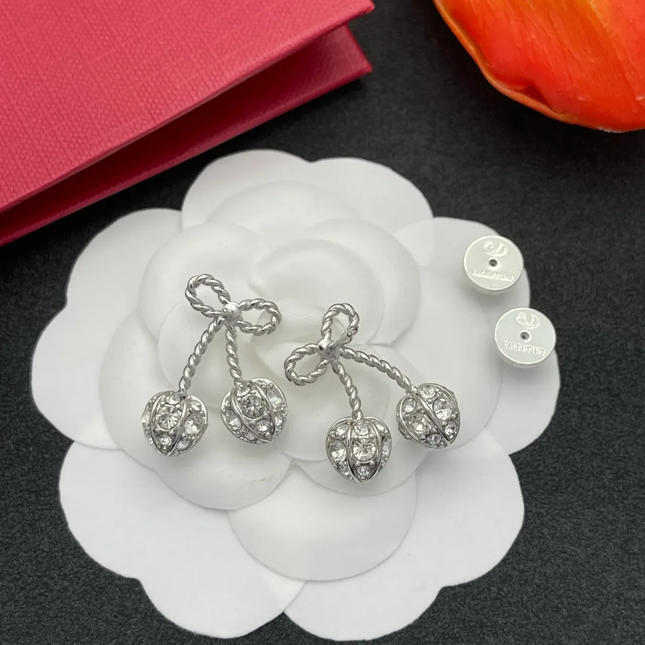 Silver Bow-Topped Twisted-Stem Crystal Cherry Dangling Stud Earrings 3