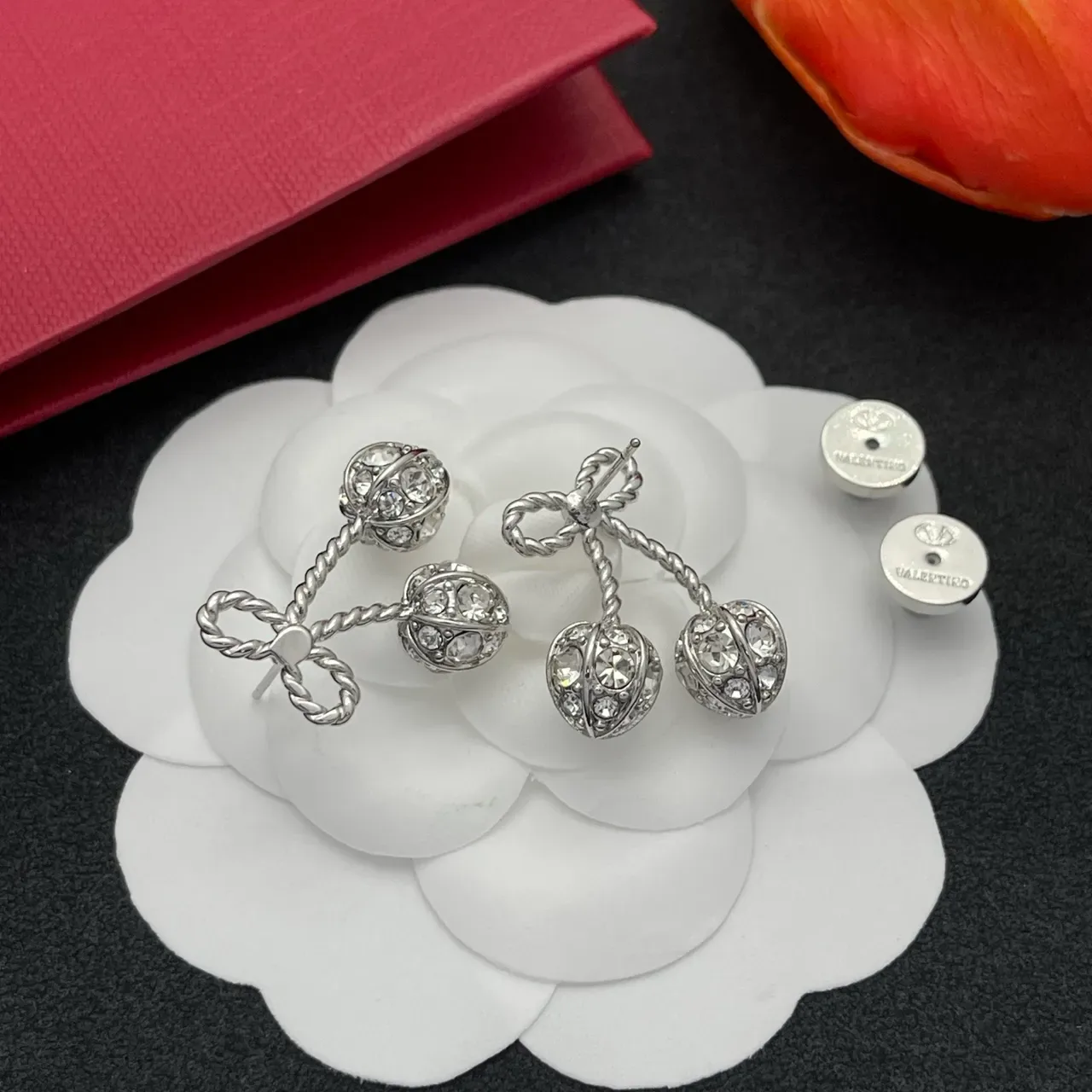 Silver Bow-Topped Twisted-Stem Crystal Cherry Dangling Stud Earrings 4