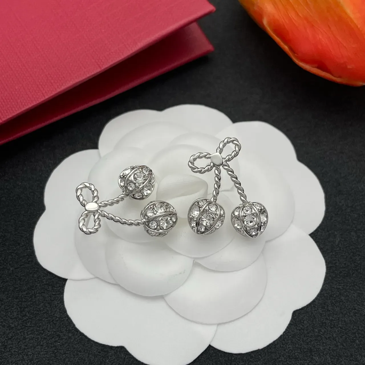 Silver Bow-Topped Twisted-Stem Crystal Cherry Dangling Stud Earrings 6