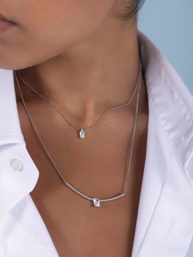 Silver Chain Rectangular Solitaire Pendant Necklace 2