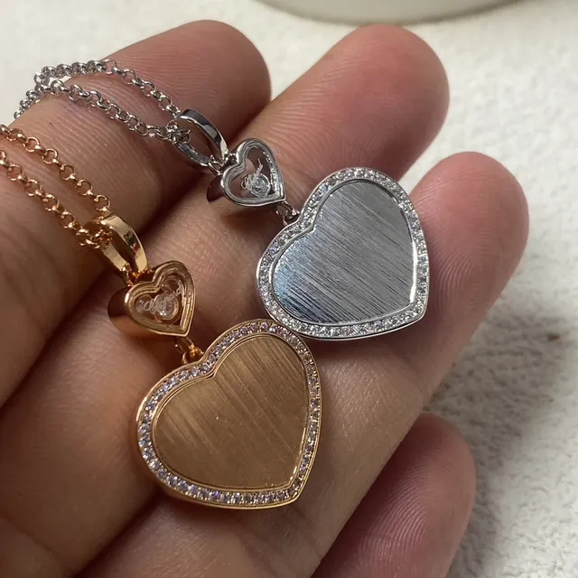 Silver Gold Heart-Shaped Double-Layer Pendant Pavé Stone Border Necklace 2