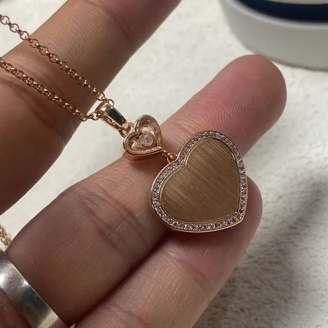 Silver Gold Heart-Shaped Double-Layer Pendant Pavé Stone Border Necklace 3