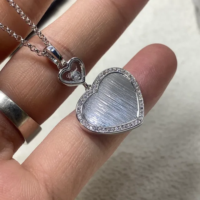 Silver Gold Heart-Shaped Double-Layer Pendant Pavé Stone Border Necklace 4