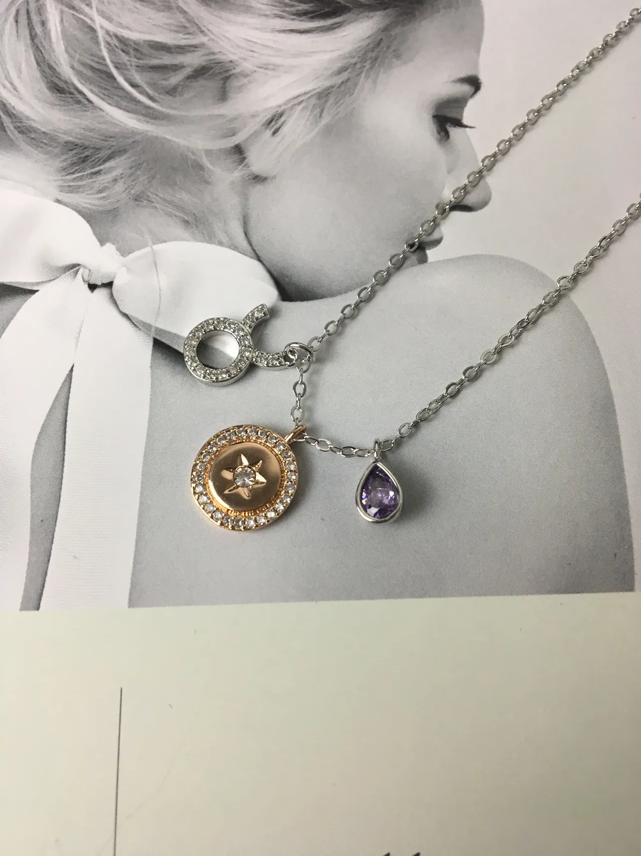 Silver Gold Multi-Charm Pendant Pavé-Set Stones Necklace 6