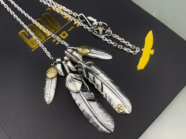 Silver Gold Multi-Feather Pendant Metal Necklace 3