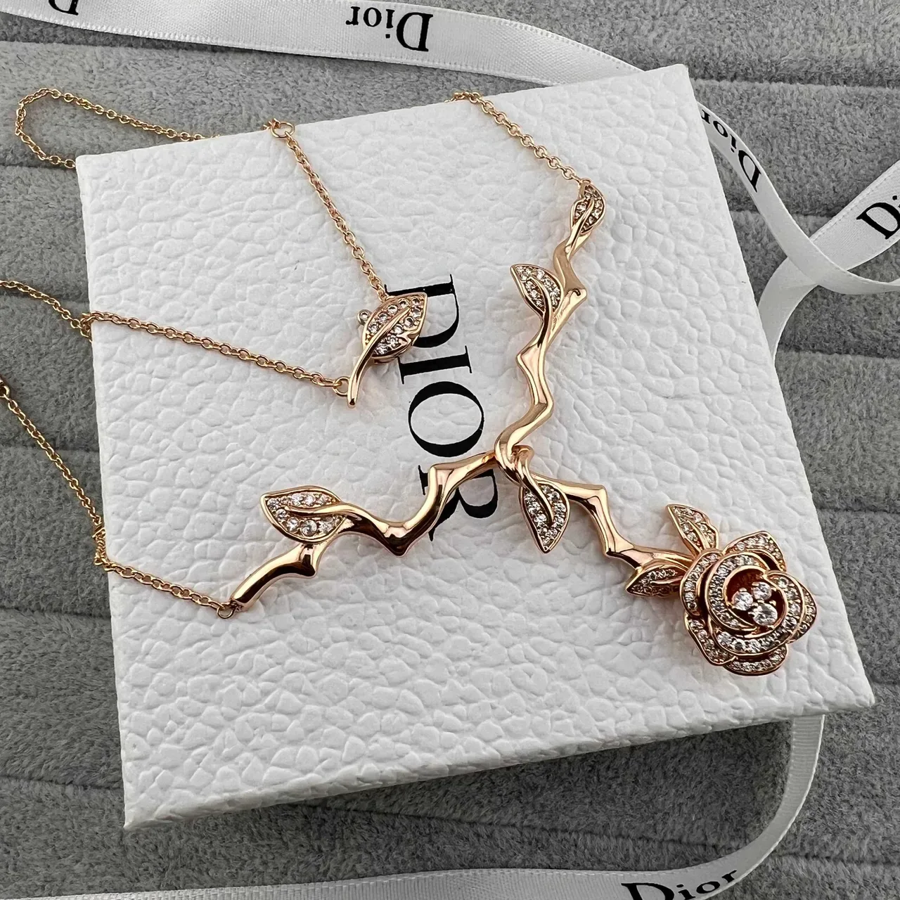 Silver Gold Rose Vine Motif Pavé-Set Clear Stones Necklace 4