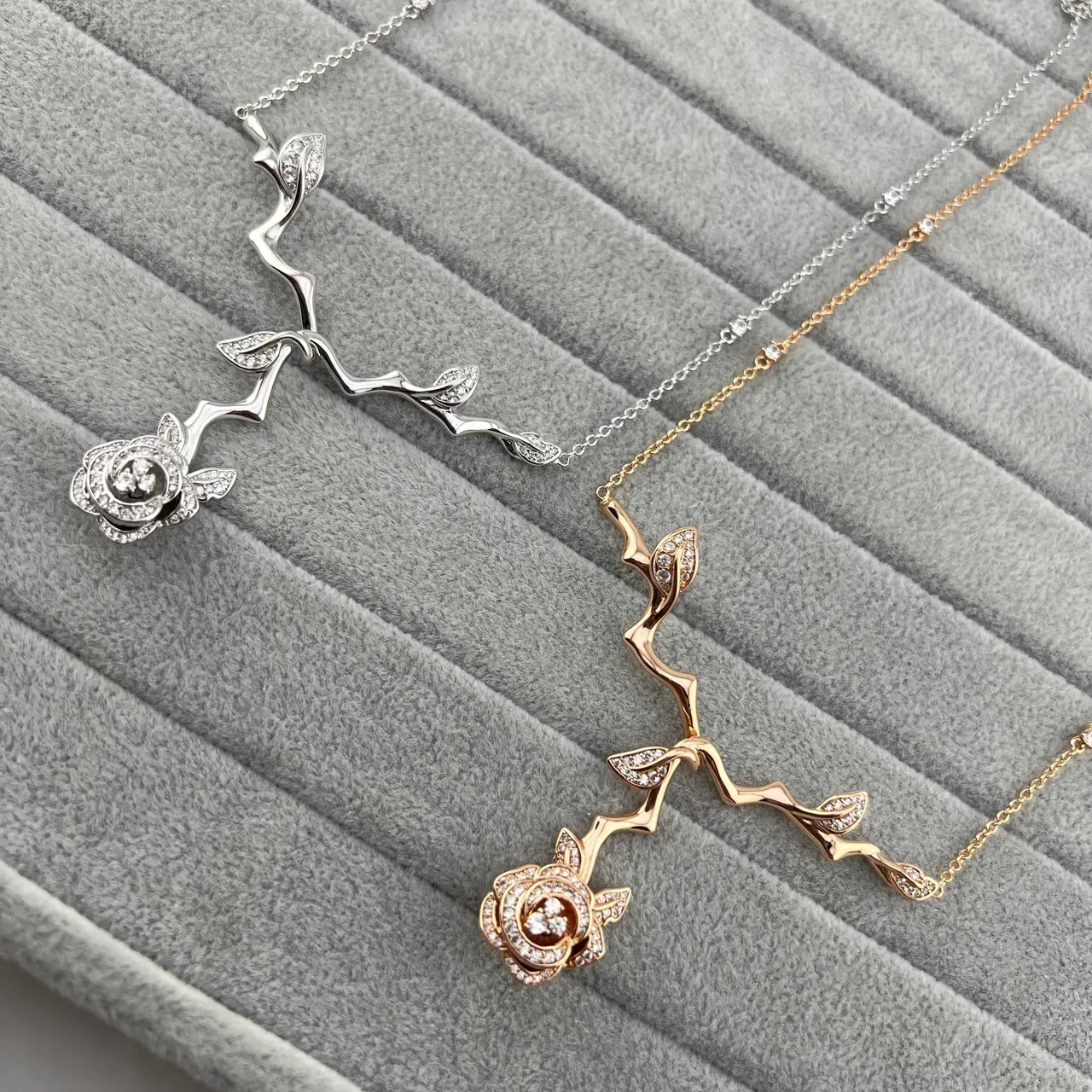 Silver Gold Rose Vine Motif Pavé-Set Clear Stones Necklace 5