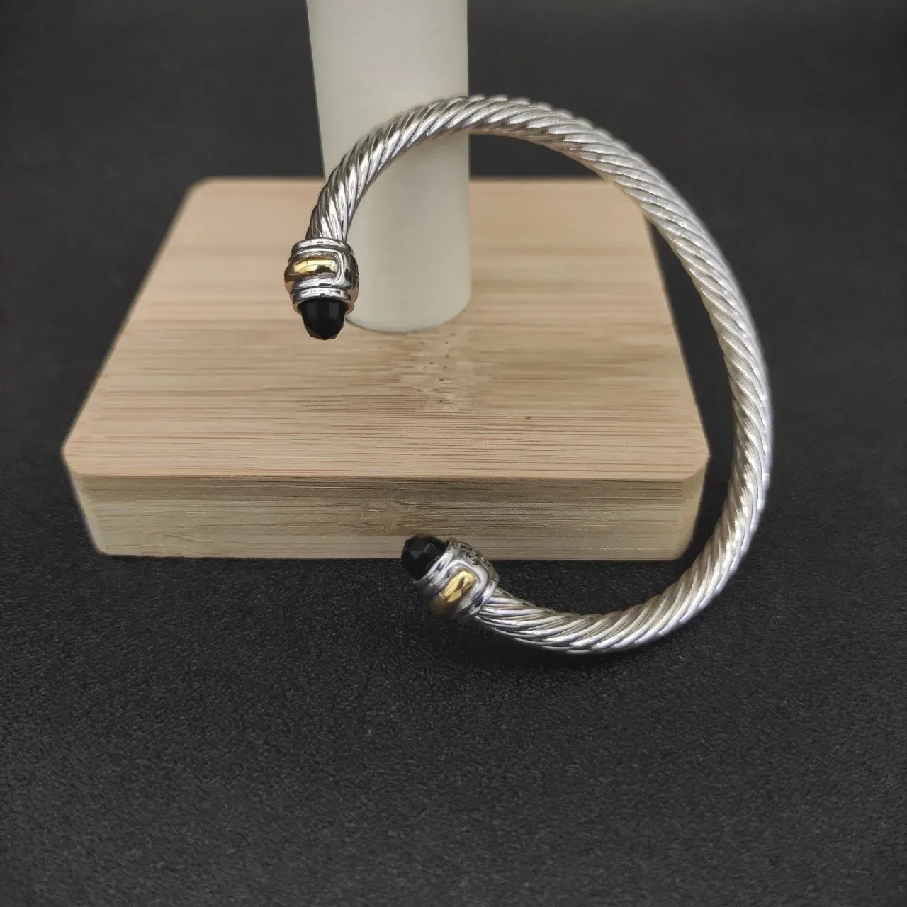 Silver Gold Twisted Cable Faceted Black Stone Ends Bracelet 5
