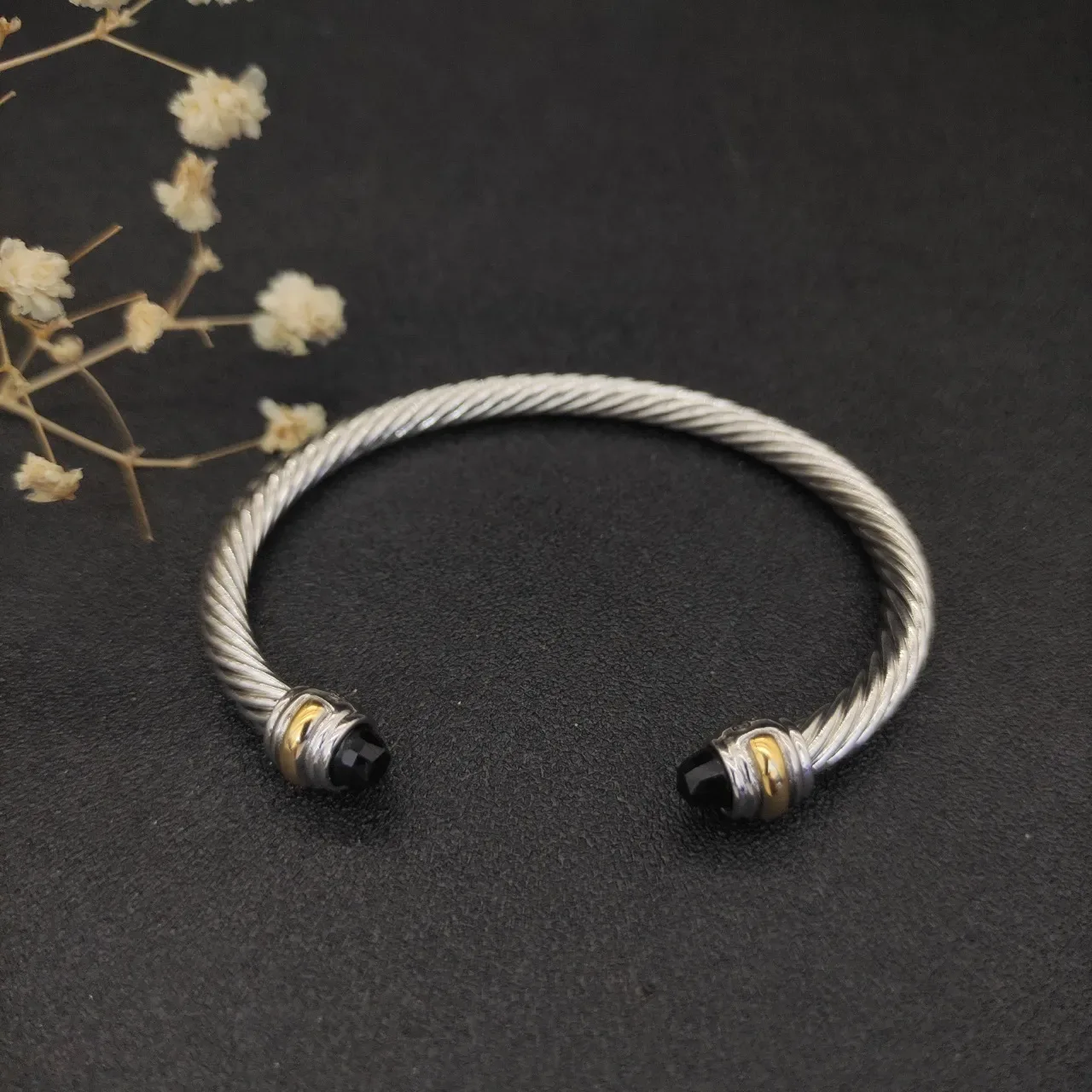 Silver Gold Twisted Cable Faceted Black Stone Ends Bracelet 8