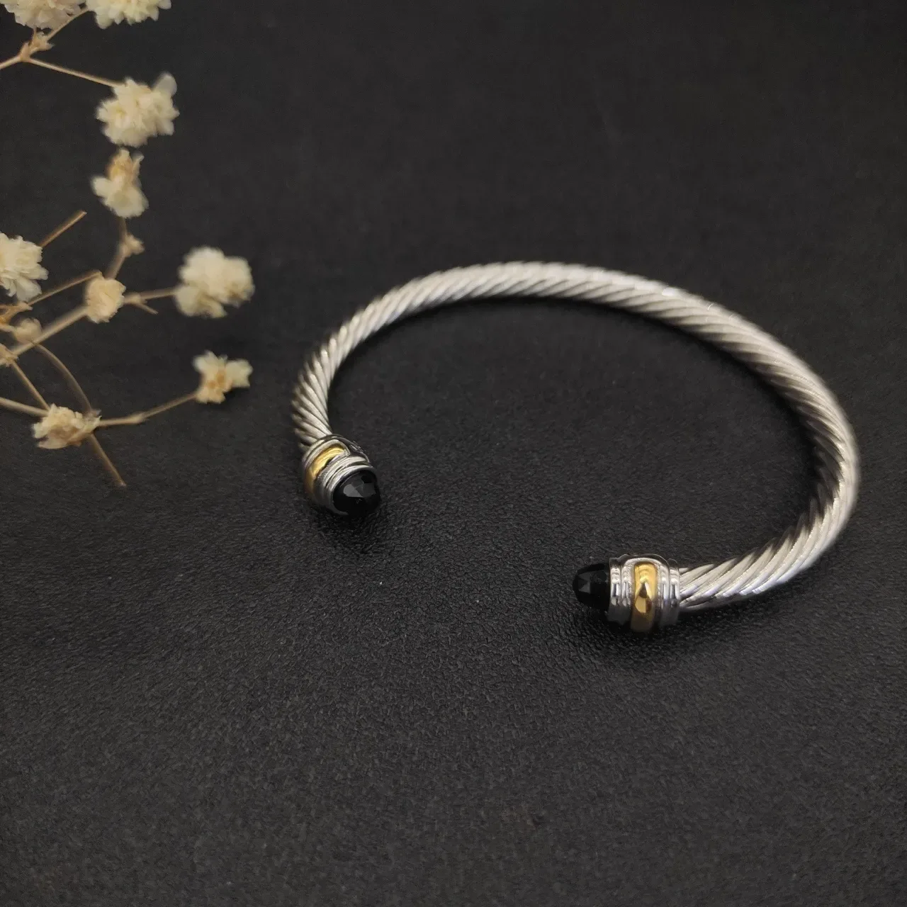 Silver Gold Twisted Cable Faceted Black Stone Ends Bracelet 9
