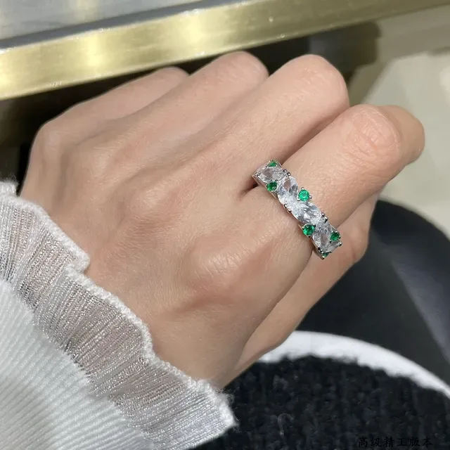 Silver Green Multi-Stone Eternity Band Oval-Cut Clear Stones Ring 9