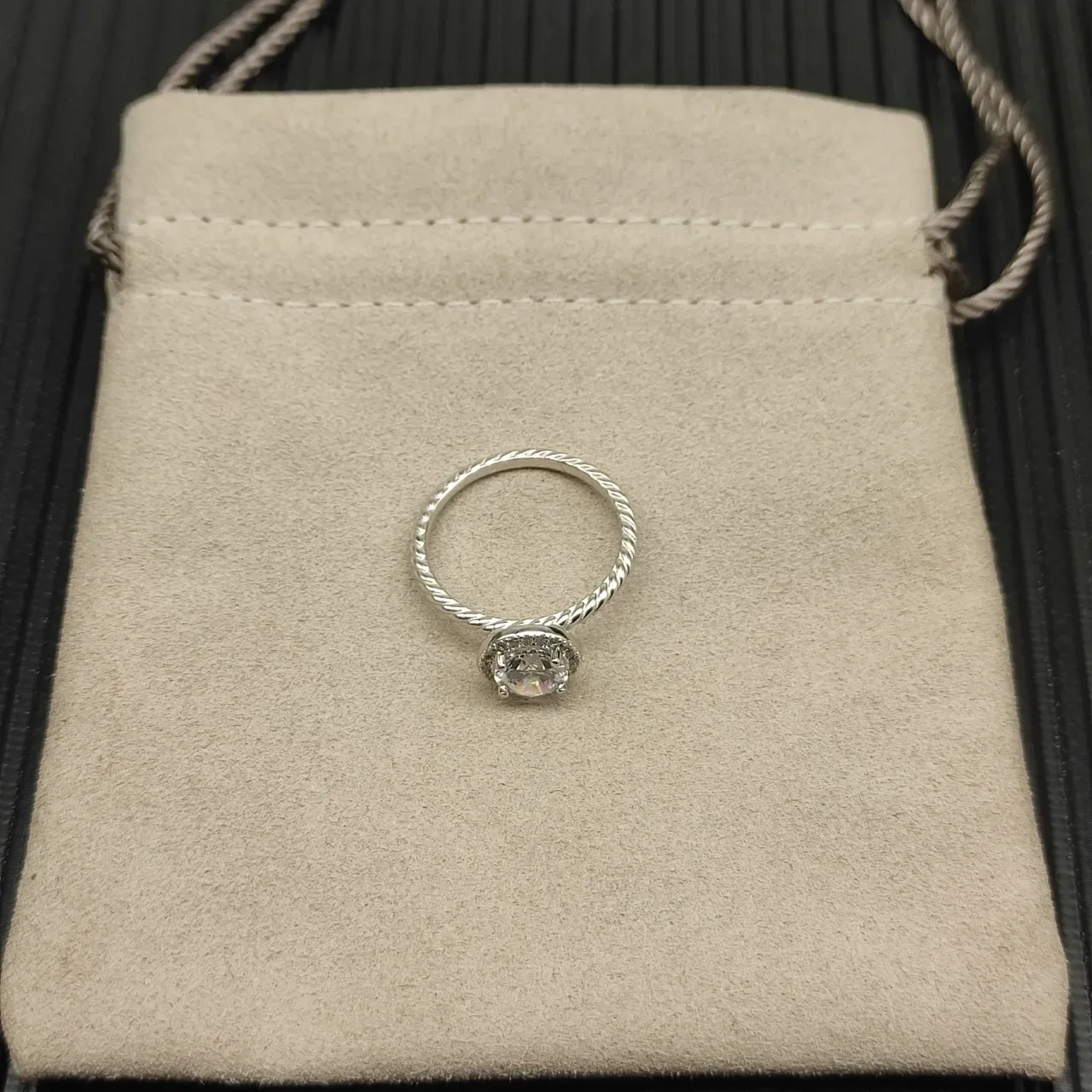 Silver Halo Setting Twisted Rope Band Ring 5