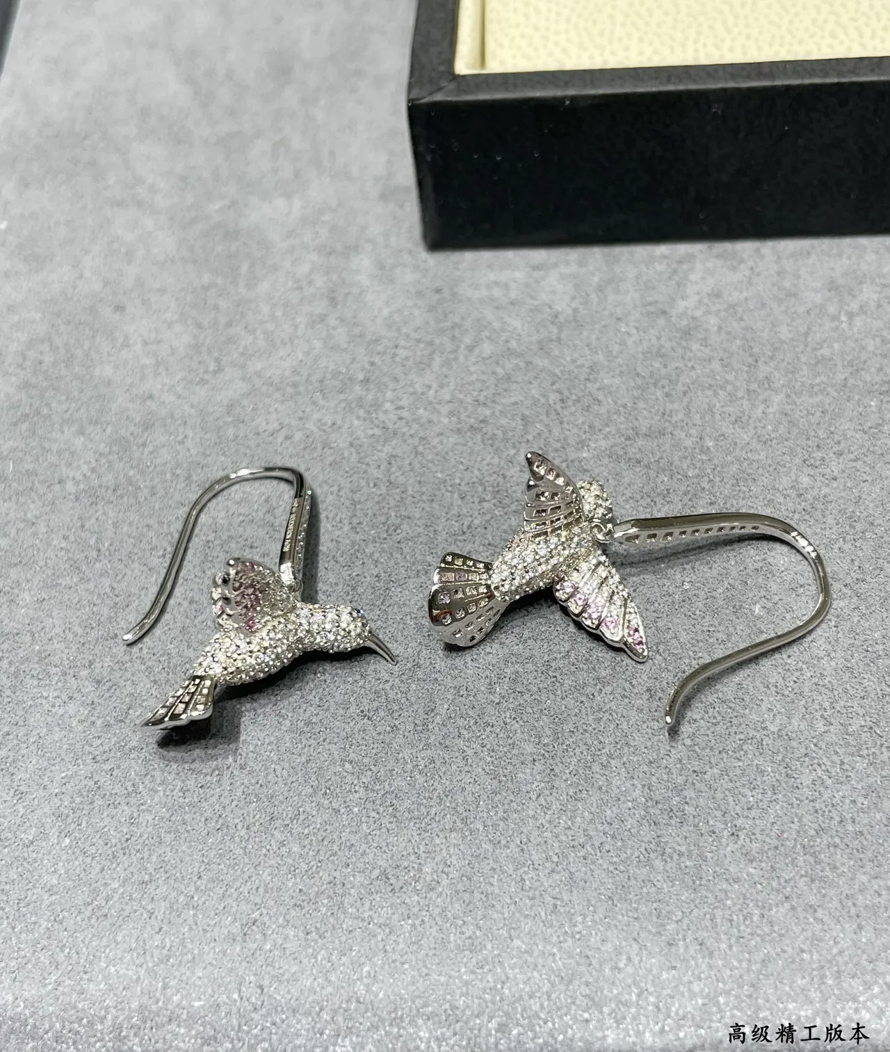 Silver Pink Hummingbird Silhouette Pavé-Set Stones Earrings 3