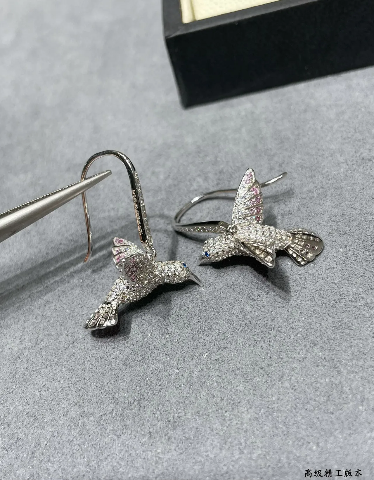 Silver Pink Hummingbird Silhouette Pavé-Set Stones Earrings 6