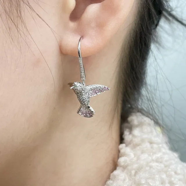 Silver Pink Hummingbird Silhouette Pavé-Set Stones Earrings 8