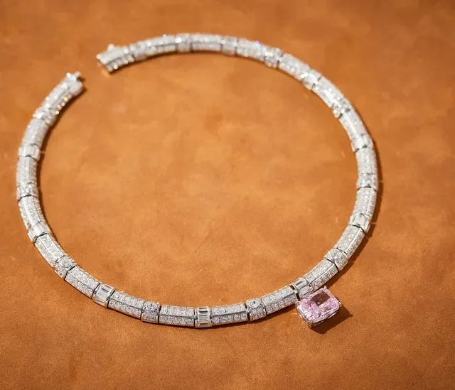 Silver Pink Segmented Choker Pavé Diamond-Set Necklace 4